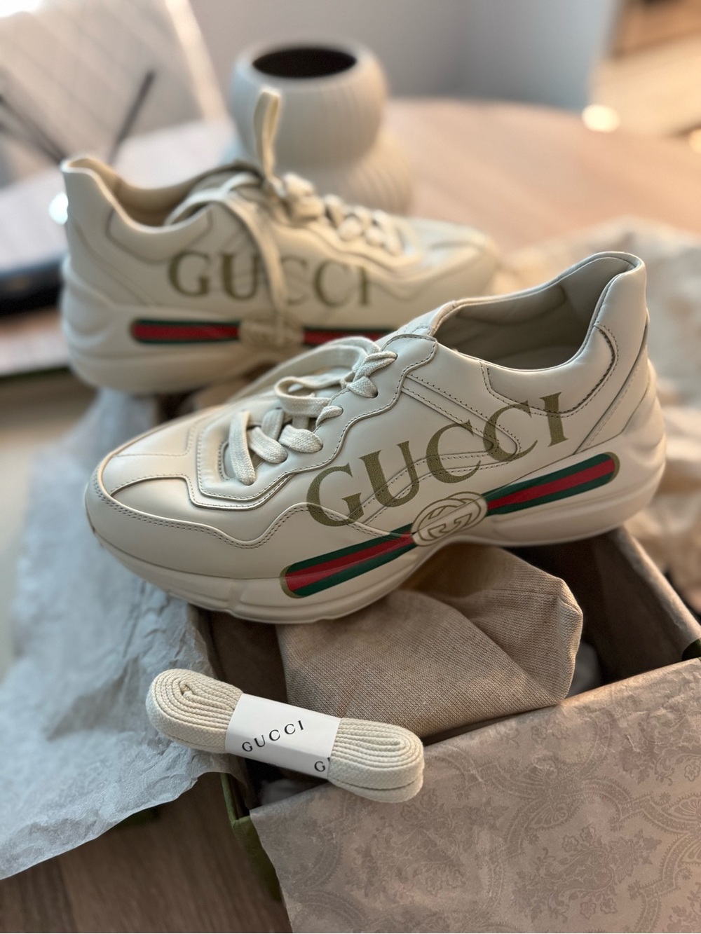 Gucci Cream Leather Women’s Rhyton Sneakers with Green-Red Stripe